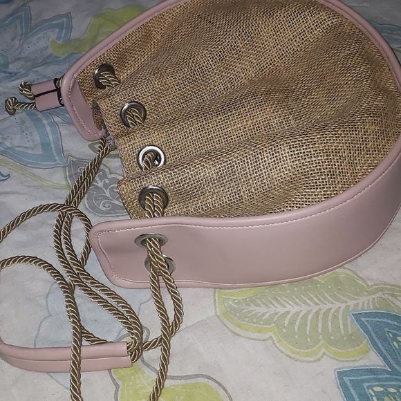 Burlap and faux leather drawstring bag NWOT - Picture 5 of 9